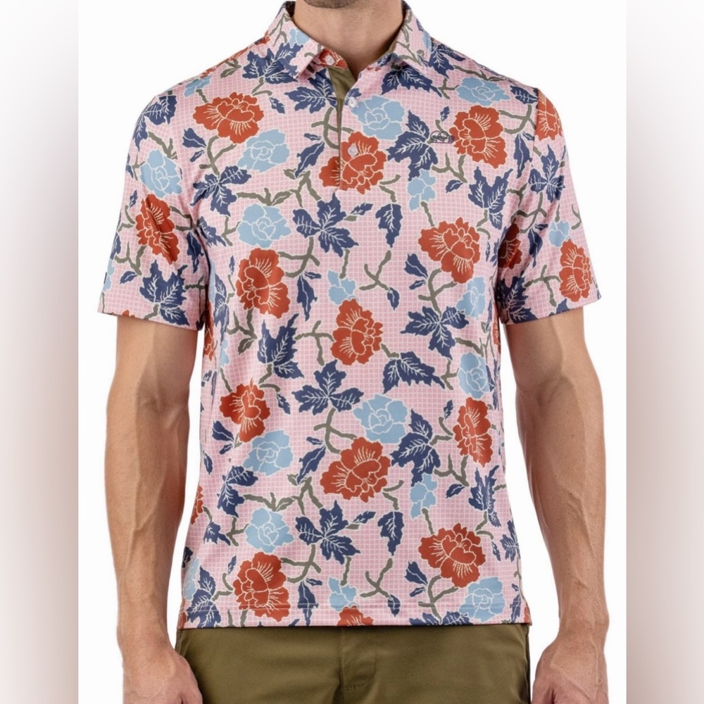 New Good Good Golf Men’s Pink Floral Canyon Golf Polo Shirt Size Large